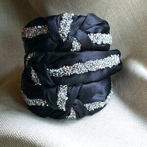 New Satin Black Knot Headband wit Black Crystals